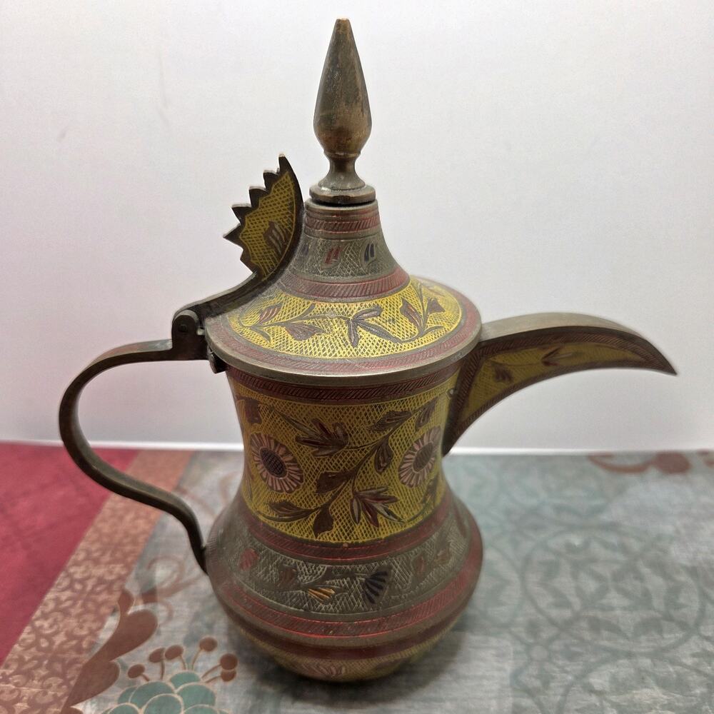 Middle Eastern Handmade Brass Painted Etched Dallah Coffee Pot Made In India